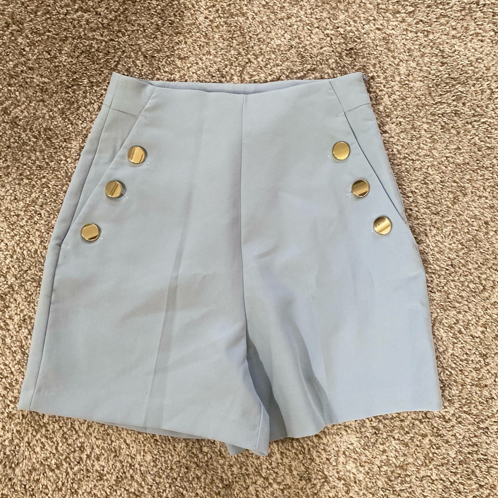 Women Zara High-Rise Light Blue Button-Accent Women's Shorts